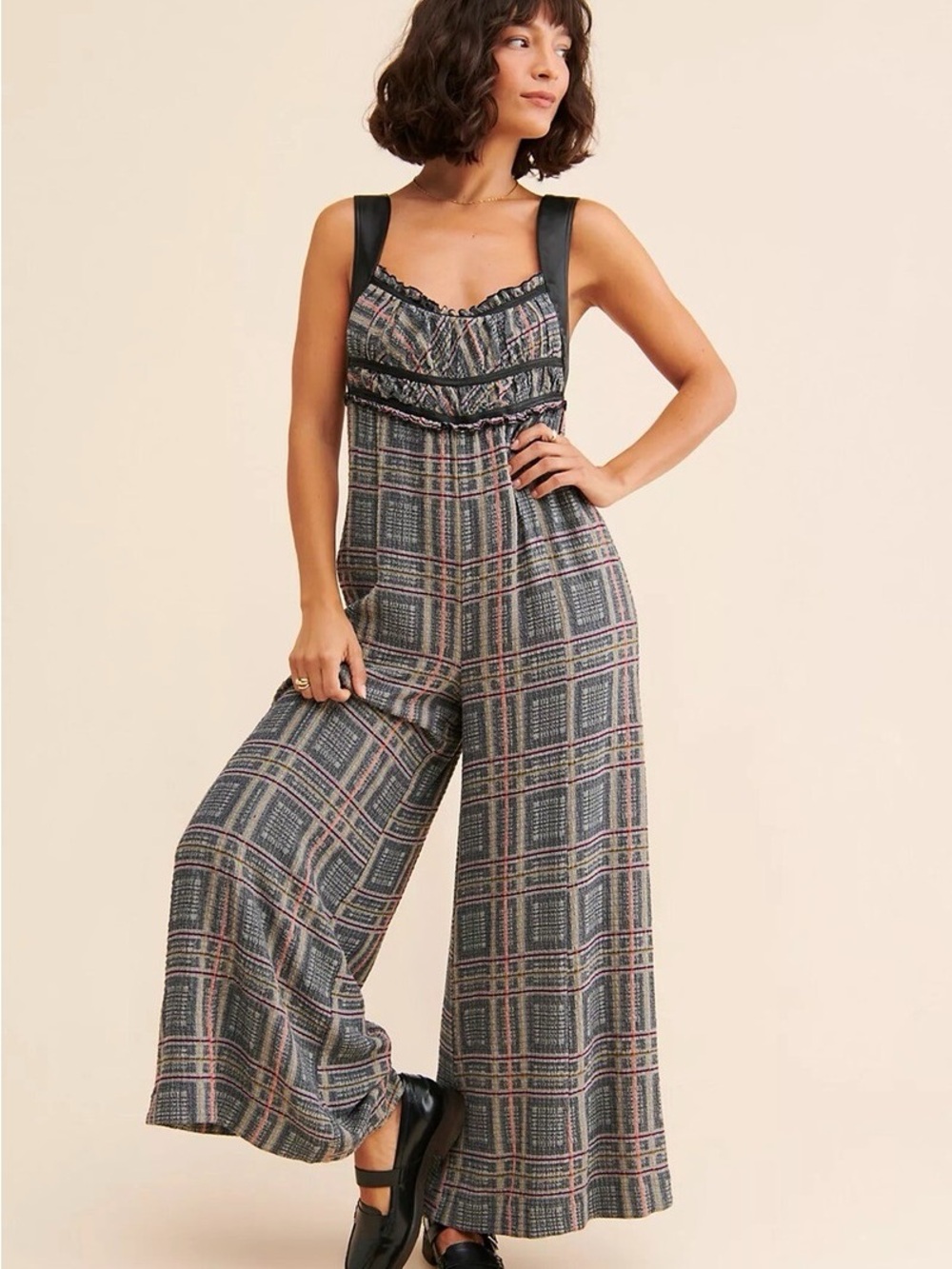 Free People Plaid Wide-Leg Jumpsuit with Black Leather Straps Multi Color S